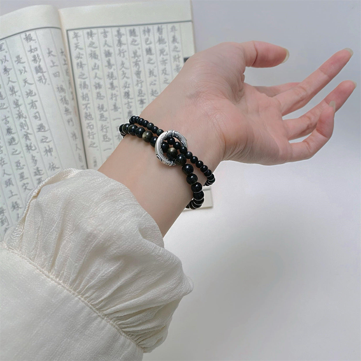 At Ease Natural Obsidian Double-Layer Beaded Silver Bracelet