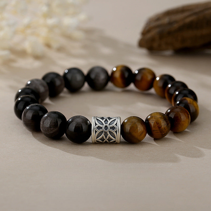 Natural Obsidian Tiger Eye Silver Protection Bracelet Brave & Independent