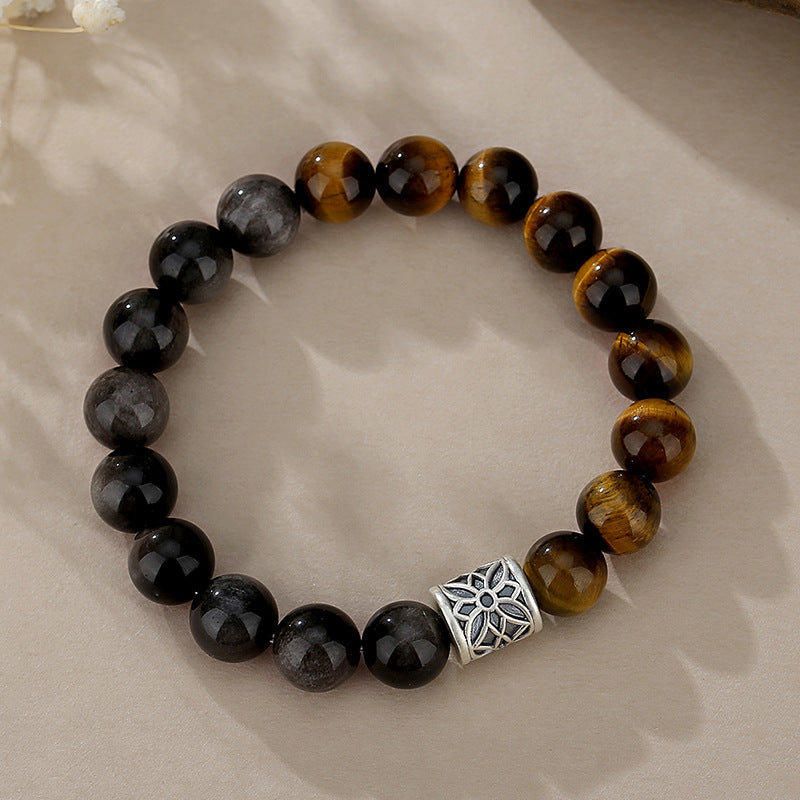 Natural Obsidian Tiger Eye Silver Protection Bracelet Brave & Independent