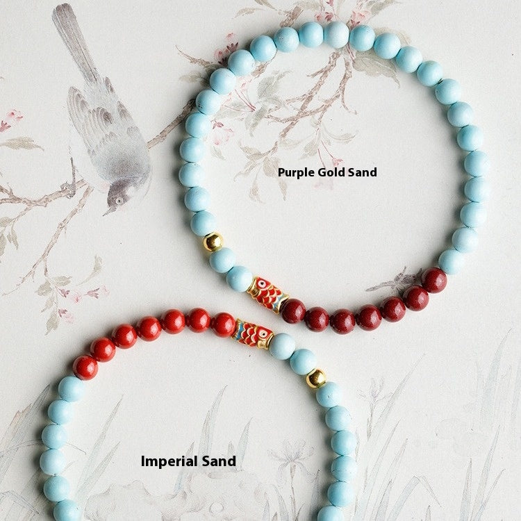 Turquoise Red Vermilion - Natural Jade Beads Bracelet 6mm - Good Luck Koi