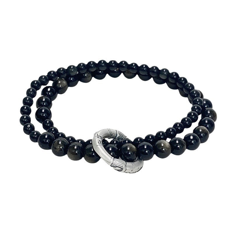 At Ease Natural Obsidian Double-Layer Beaded Silver Bracelet