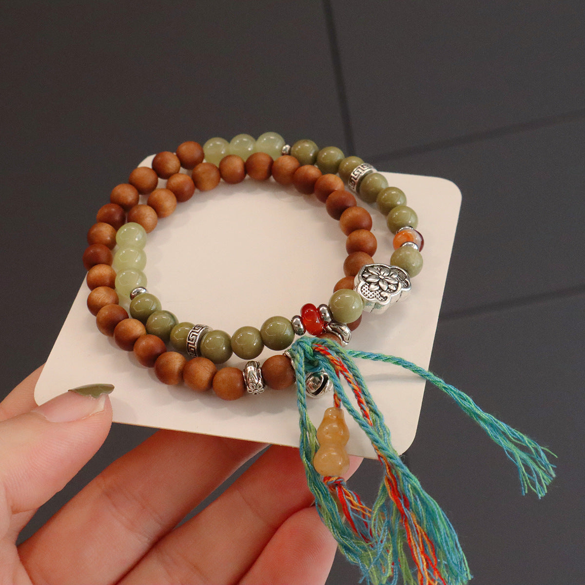 Natural Green Sandalwood Double Circle Ethnic Style Tassel Bracelet