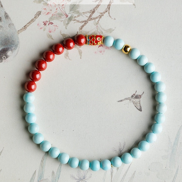 Turquoise Red Vermilion - Natural Jade Beads Bracelet 6mm - Good Luck Koi