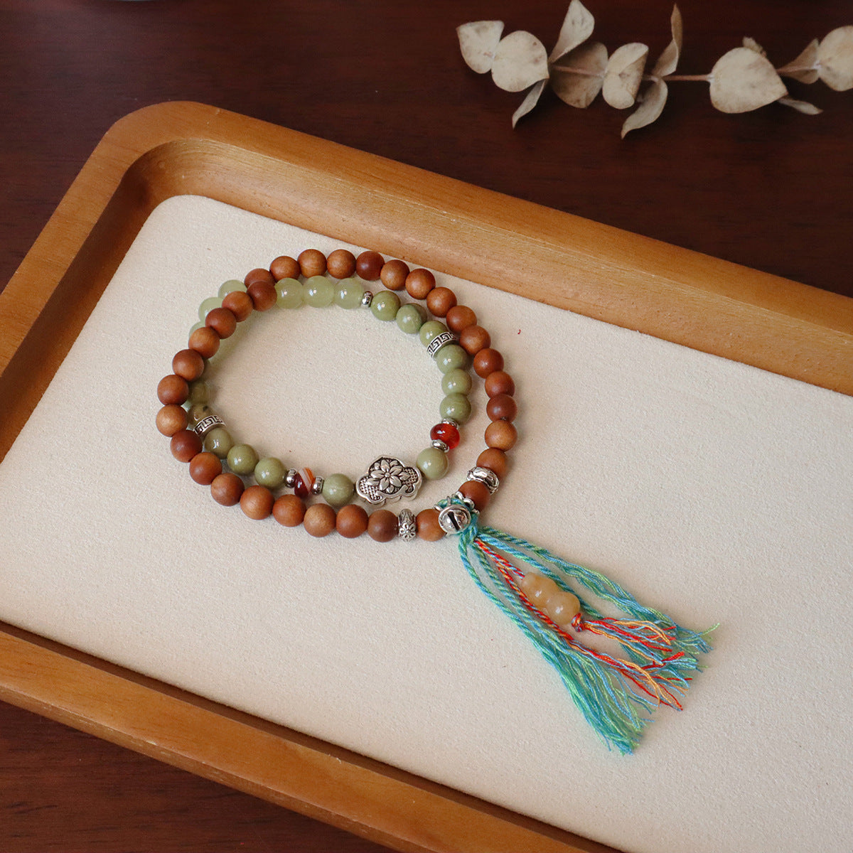 Natural Green Sandalwood Double Circle Ethnic Style Tassel Bracelet