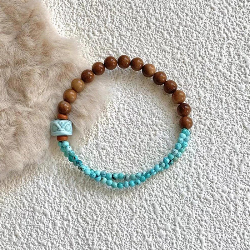 Turquoise Sandalwood  Wooden Bead Bracelet - Balance & Calming