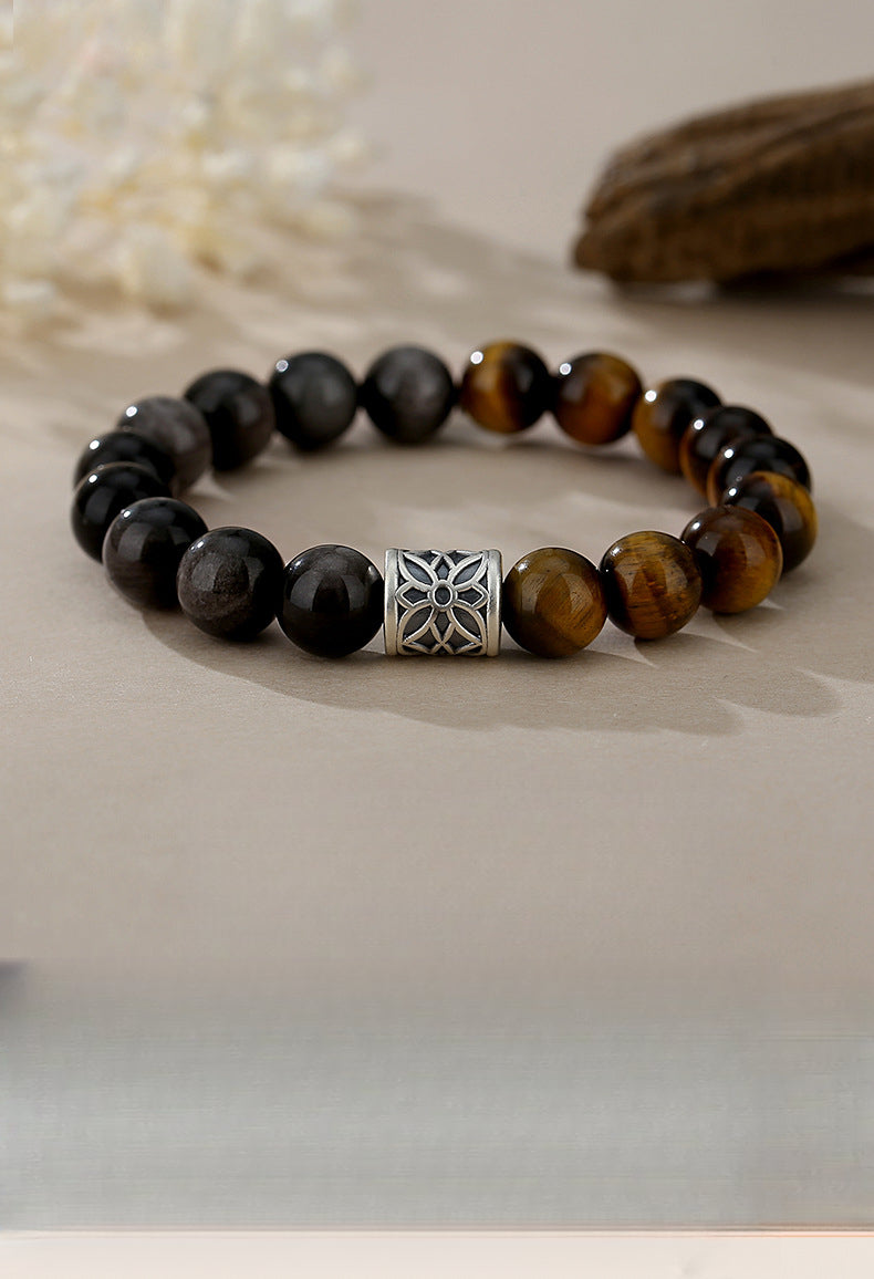 Natural Obsidian Tiger Eye Silver Protection Bracelet Brave & Independent