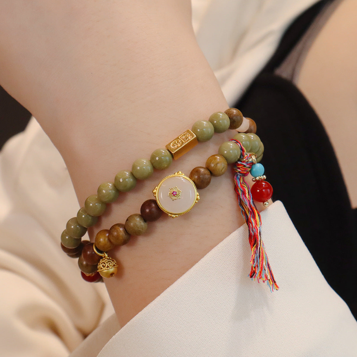 Natural Green Sandalwood Double Circle Ethnic Style Tassel Bracelet