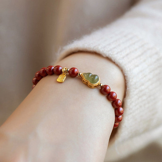 Cinnabar & Jade Inlaid Wealth Gourd Bracelet-Good Fortune