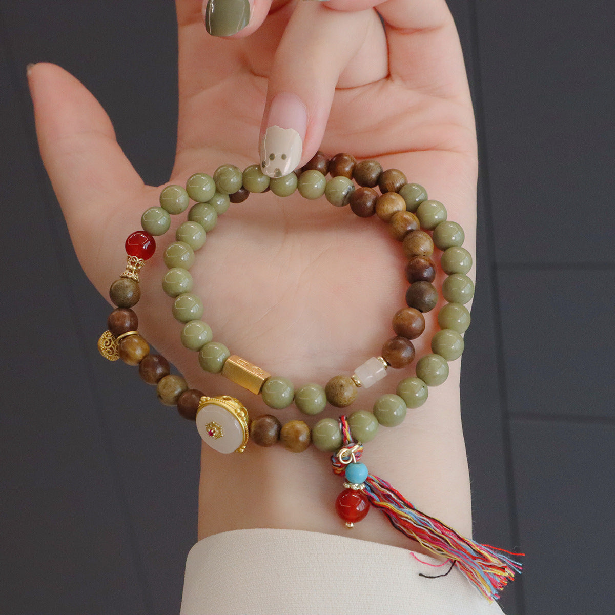 Natural Green Sandalwood Double Circle Ethnic Style Tassel Bracelet