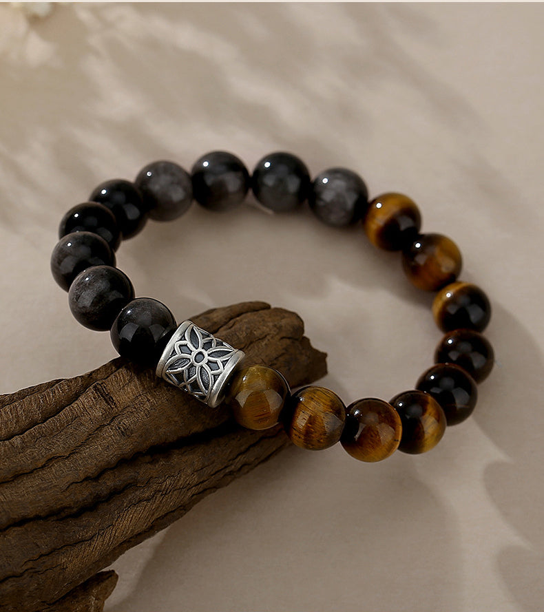 Natural Obsidian Tiger Eye Silver Protection Bracelet Brave & Independent