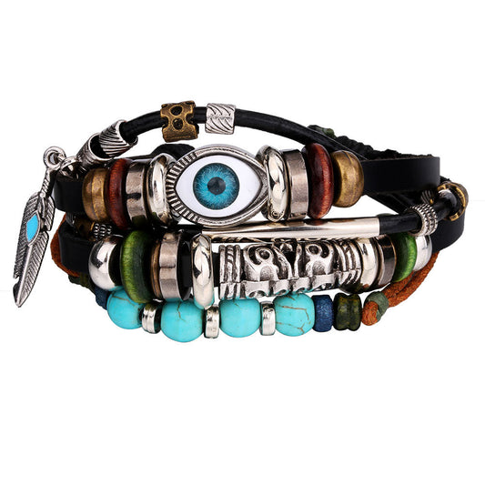 Turquoise Evil Eye Beaded Multi-Layer Leather Cord Bracelet