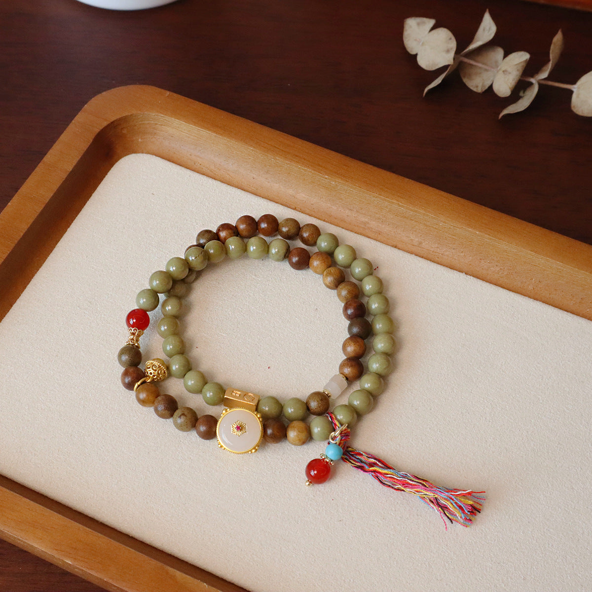 Natural Green Sandalwood Double Circle Ethnic Style Tassel Bracelet