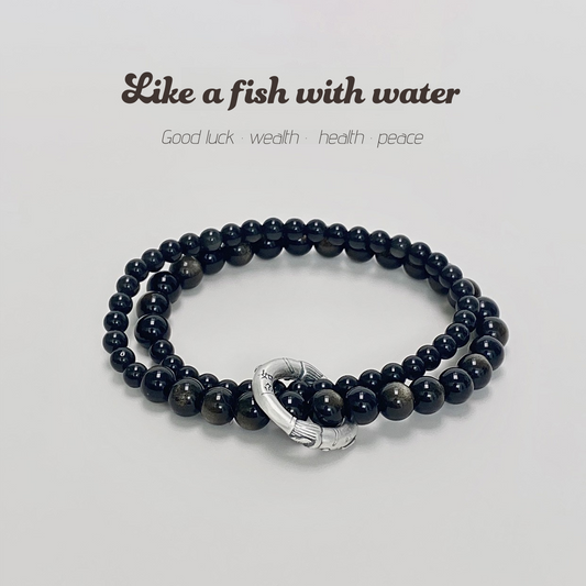 At Ease Natural Obsidian Double-Layer Beaded Silver Bracelet