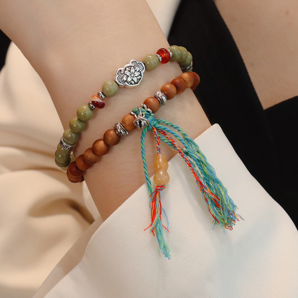 Natural Green Sandalwood Double Circle Ethnic Style Tassel Bracelet