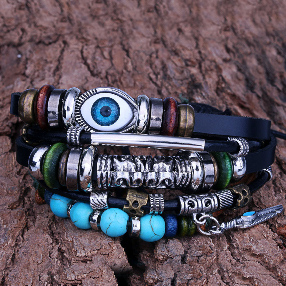 Turquoise Evil Eye Beaded Multi-Layer Leather Cord Bracelet