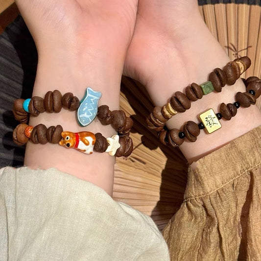 Handmade Real Coffee Bean Bracelet Design Cartoon Cute Puppy Twin Simple Personality Unique Creative Bracelet