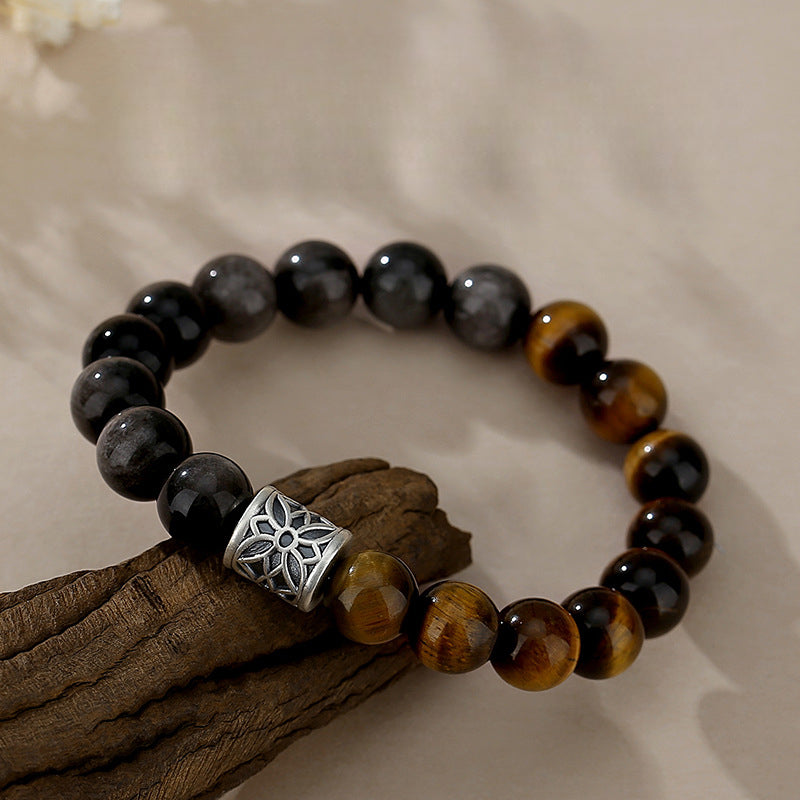 Natural Obsidian Tiger Eye Silver Protection Bracelet Brave & Independent