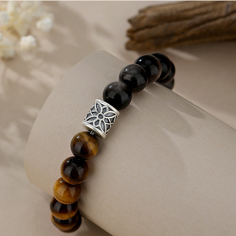 Natural Obsidian Tiger Eye Silver Protection Bracelet Brave & Independent