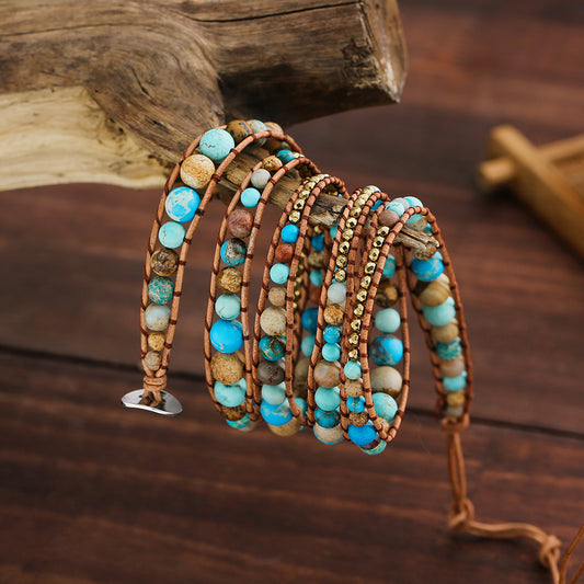 Turquoise Multi-Layer Hand-Woven Genuine Leather Bracelet Twin Bohemian Natural Stone