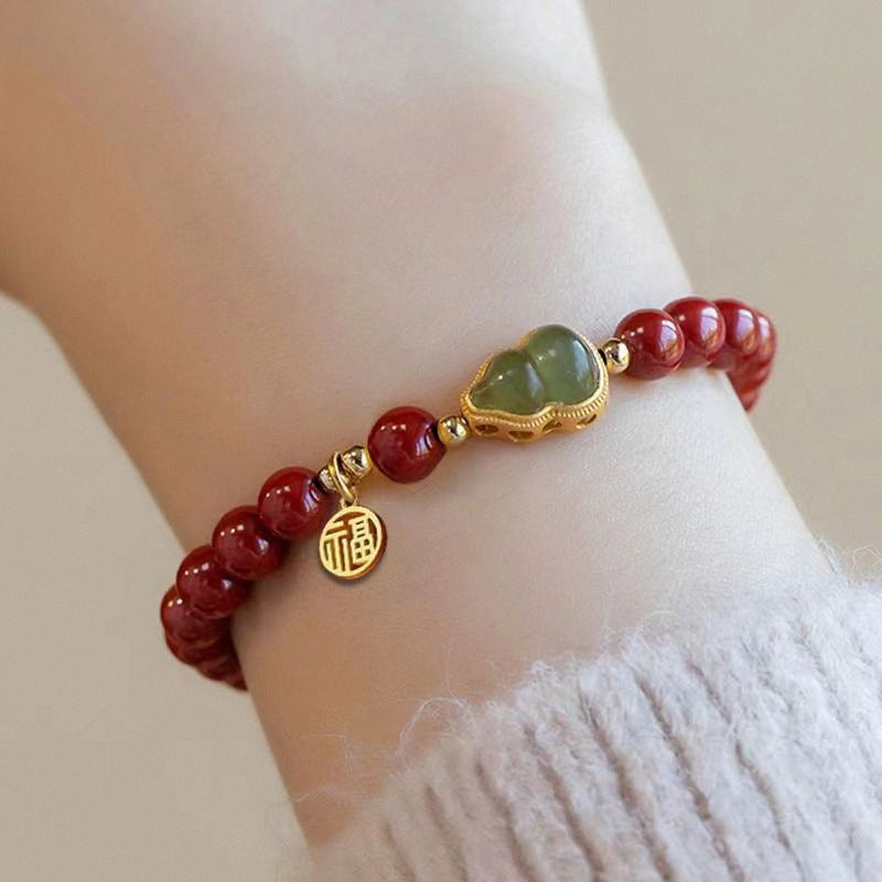 Cinnabar & Jade Inlaid Wealth Gourd Bracelet-Good Fortune