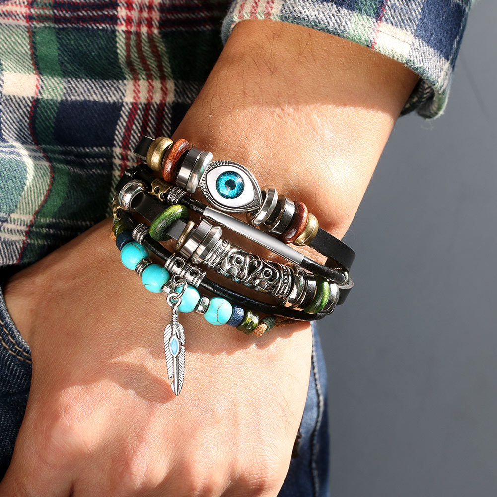 Turquoise Evil Eye Beaded Multi-Layer Leather Cord Bracelet