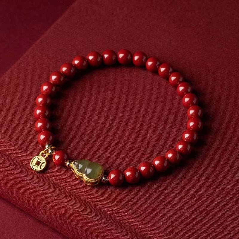 Cinnabar & Jade Inlaid Wealth Gourd Bracelet-Good Fortune