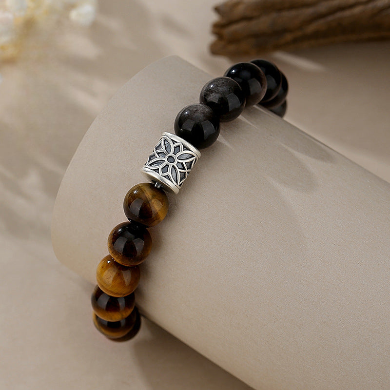 Natural Obsidian Tiger Eye Silver Protection Bracelet Brave & Independent