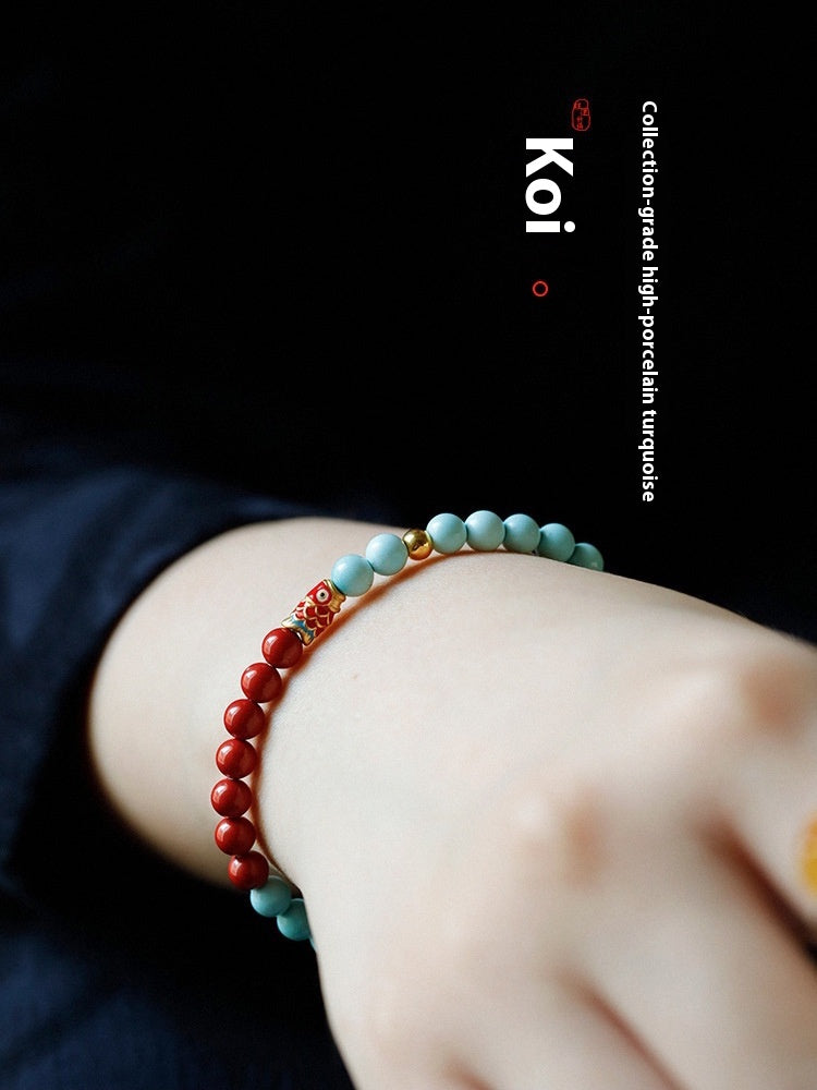 Turquoise Red Vermilion - Natural Jade Beads Bracelet 6mm - Good Luck Koi