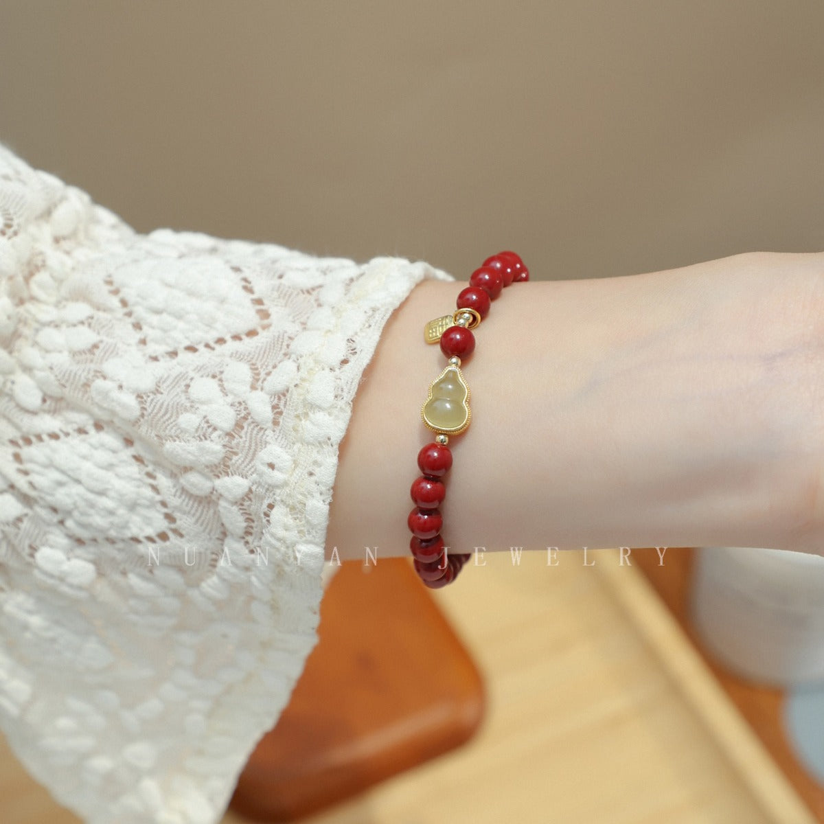 Cinnabar & Jade Inlaid Wealth Gourd Bracelet-Good Fortune